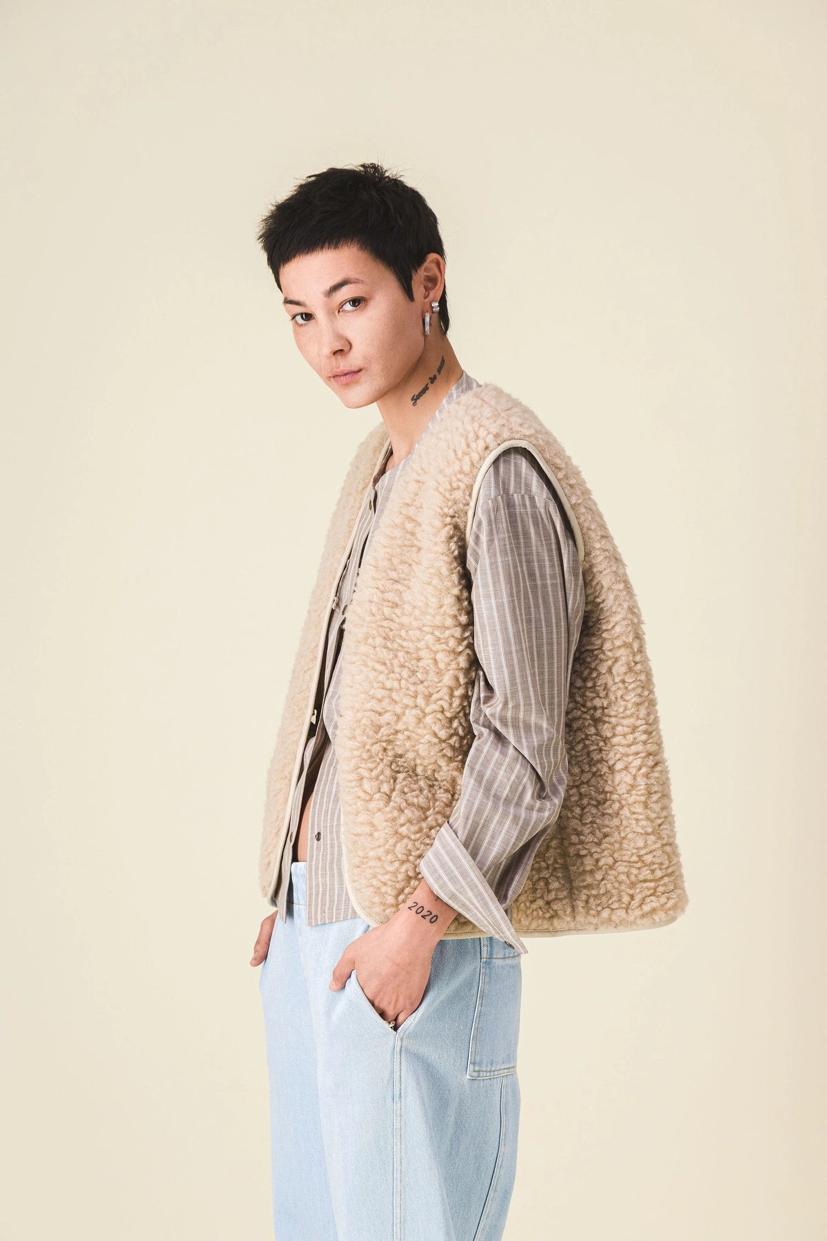 gilet moumoute femme sans manche matisse beige