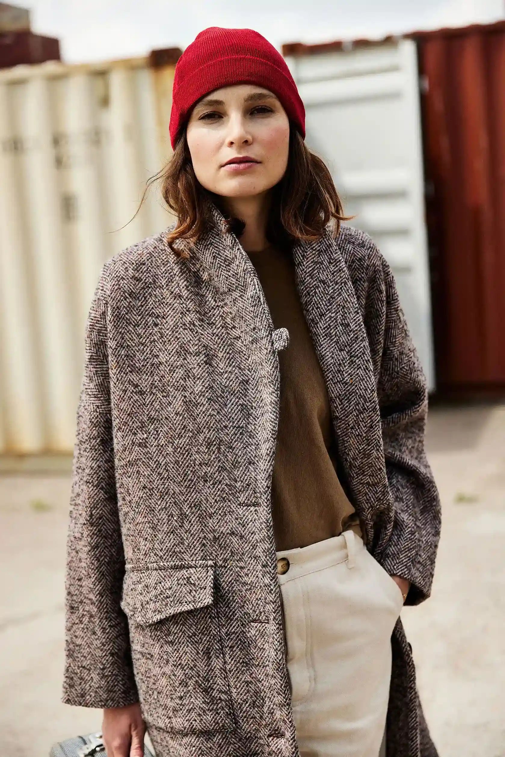 Manteau femme mi long marron col chale ALBERTINE SIXSOEURS SIXS URS