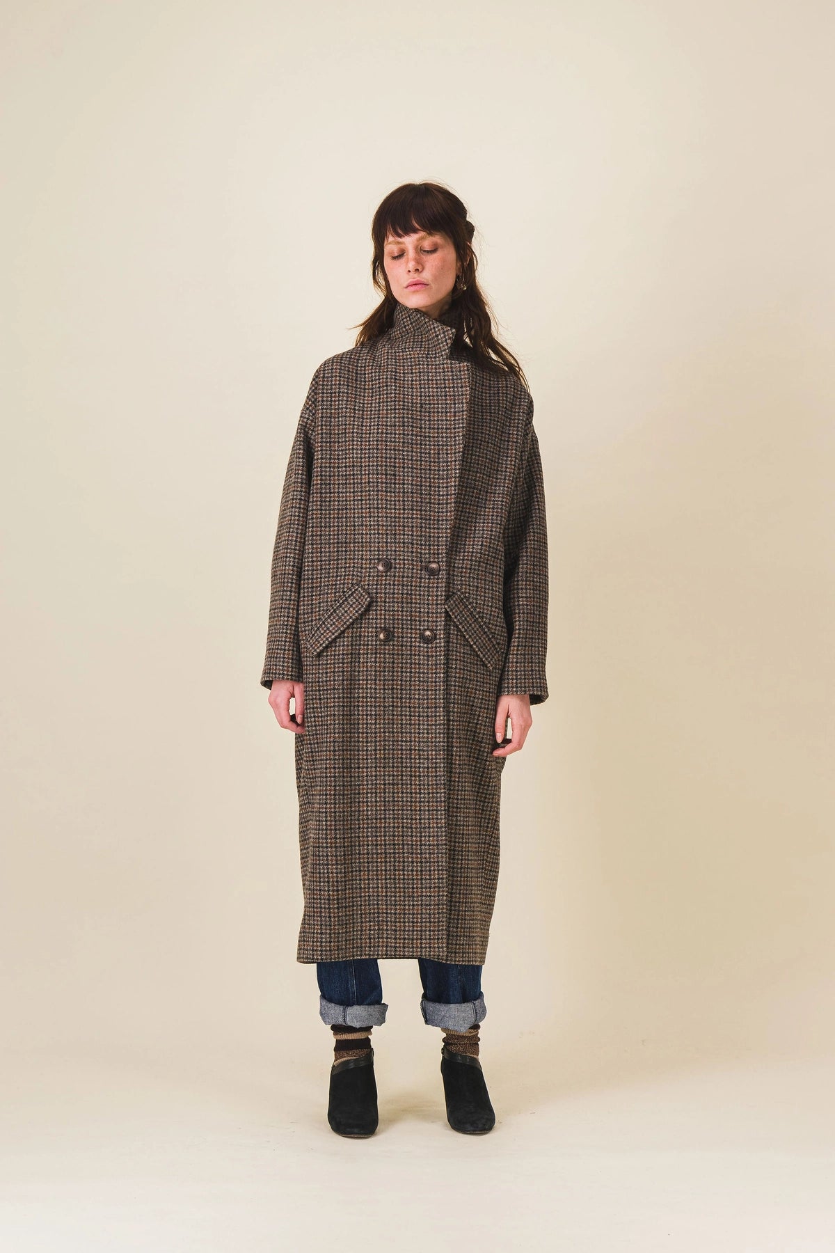 manteau femme long laine carreaux marron lenny