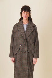 manteau femme long laine carreaux marron lenny