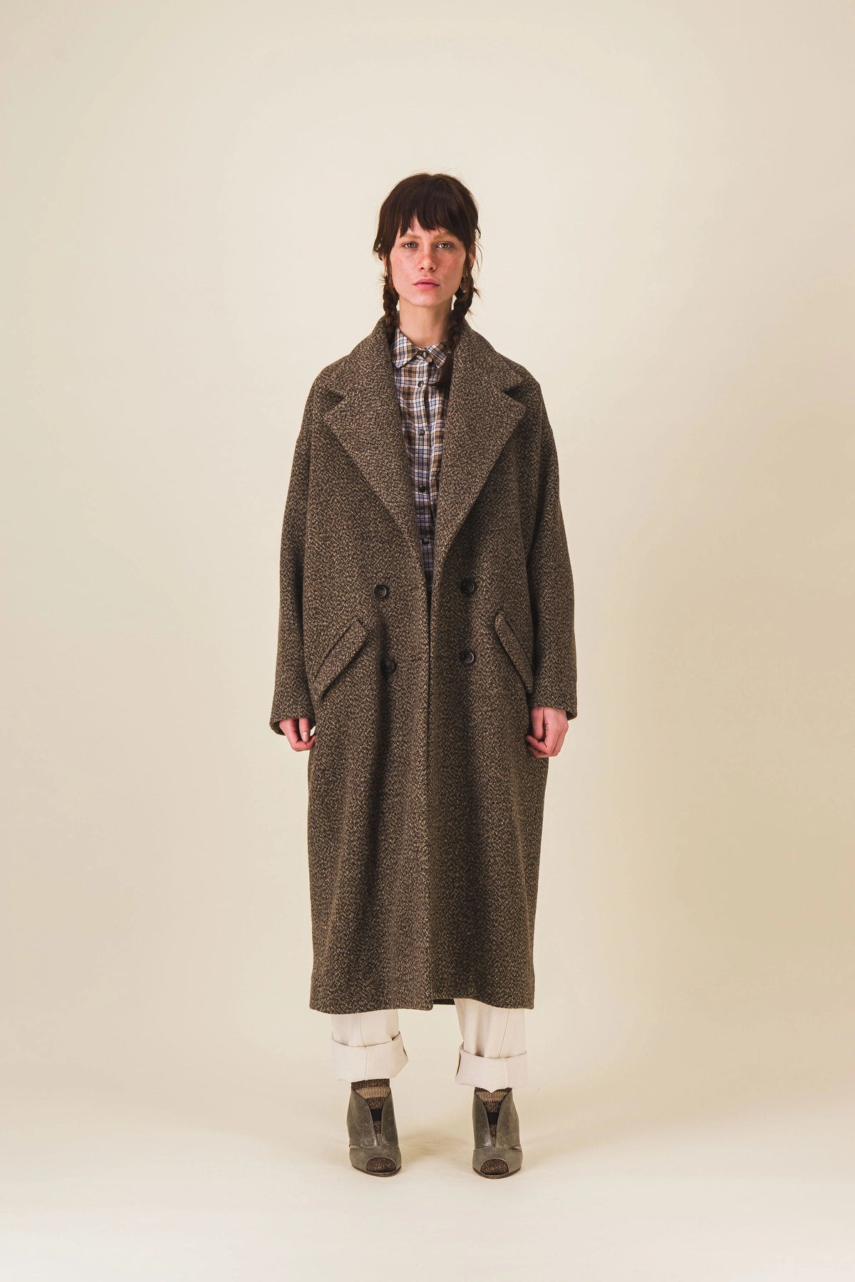 manteau femme long laine marron double boutonnage josue