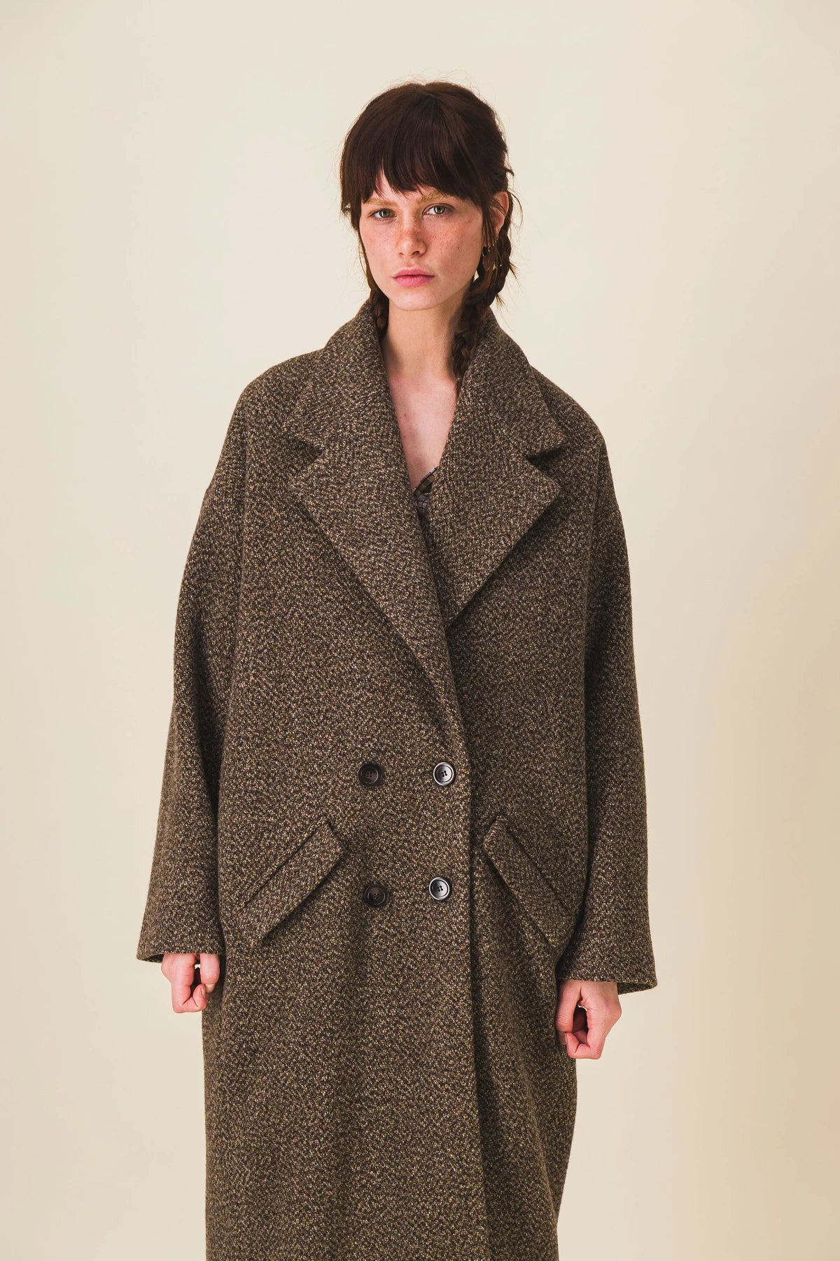 manteau femme long laine marron double boutonnage josue