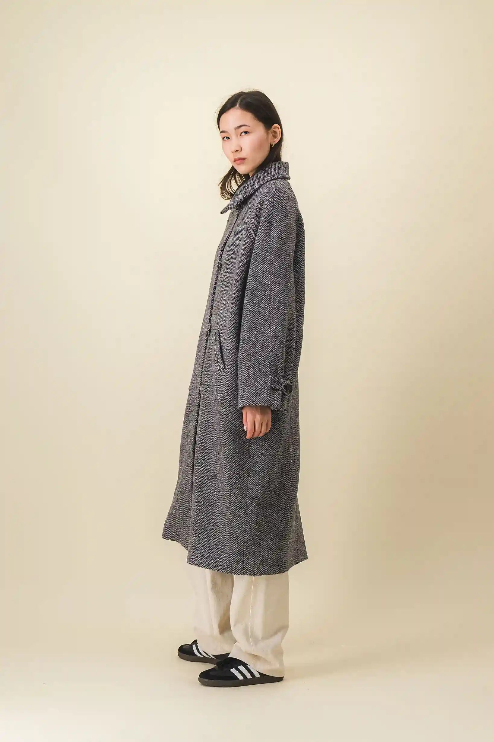 Manteau femme long gris noir chiné