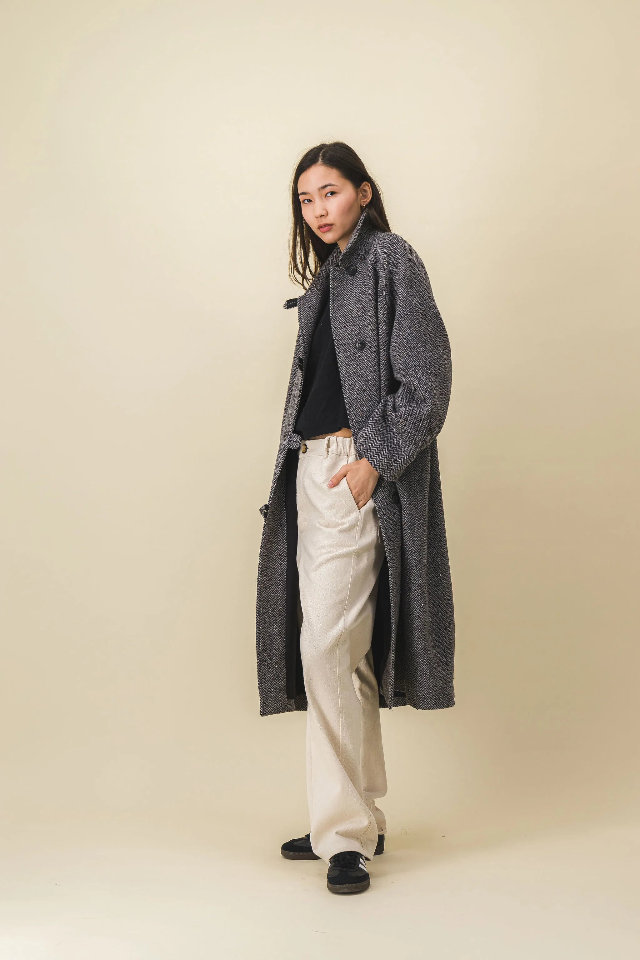 Manteau femme long gris noir chiné