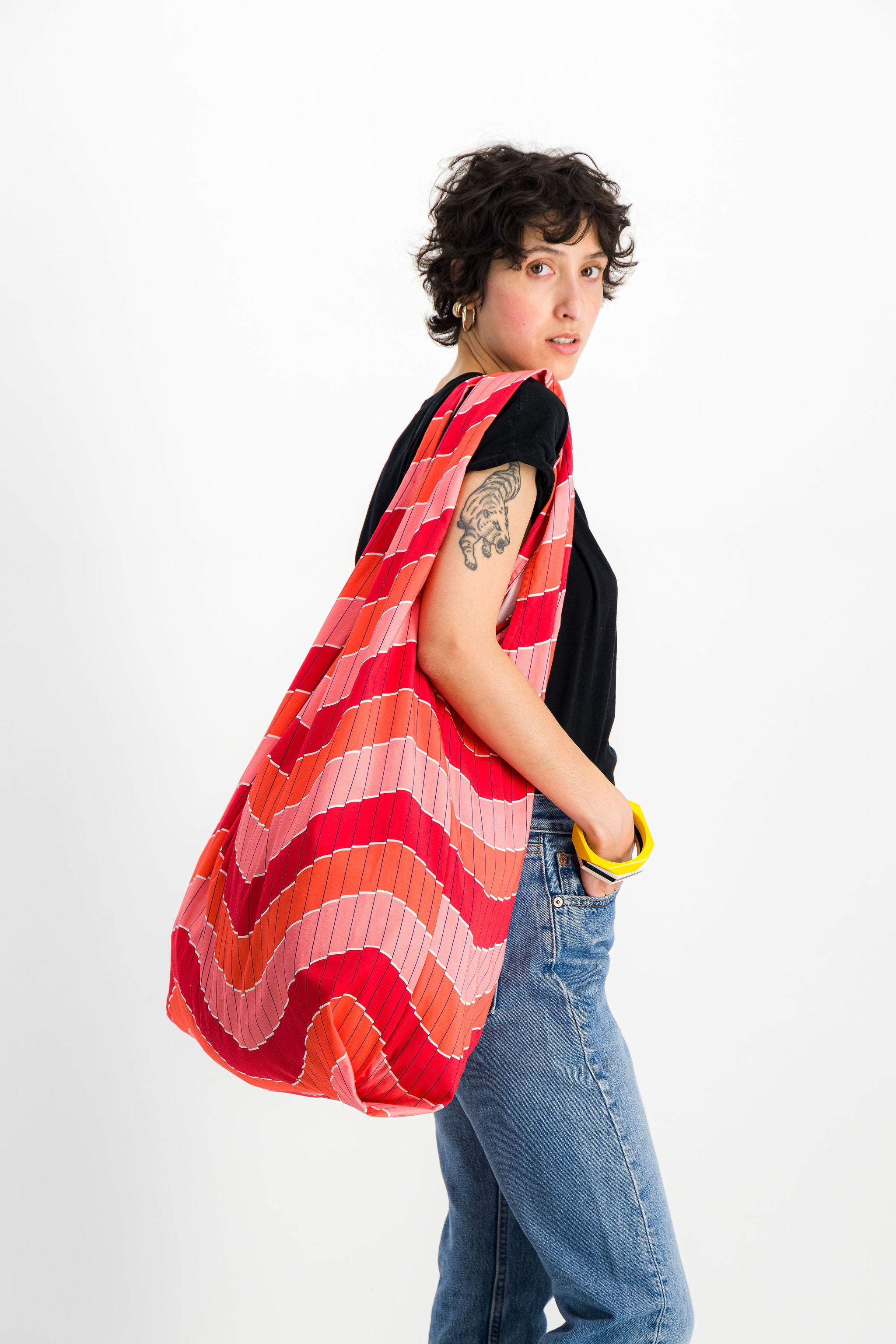 sac cabas femme toile rouge et rose